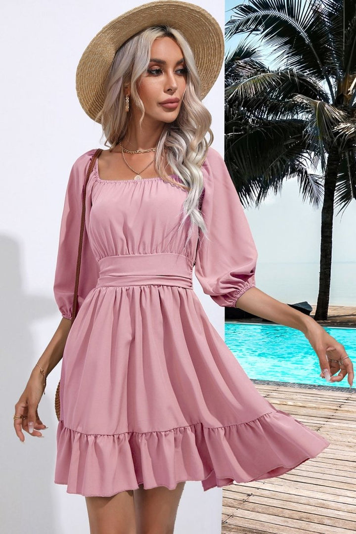 Square Neck Tie Back Ruffle Hem Dress - Blush Pink - S - 687823f247e24250a480a2fd1ffff501 - Max - Tatoo Tee