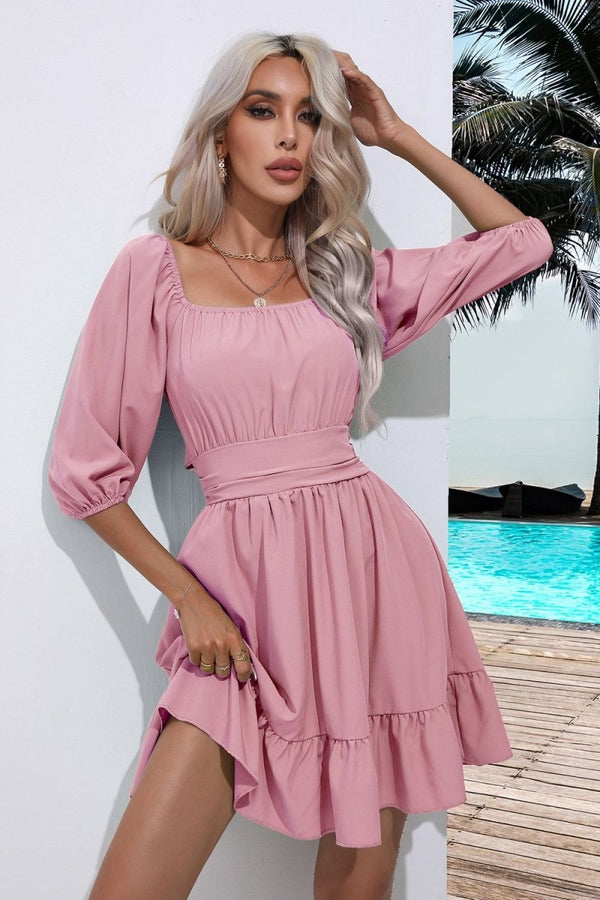 Square Neck Tie Back Ruffle Hem Dress - Blush Pink - S - 1fe3acb275ae4bf181afbb1bfefe9a00 - Max - Tatoo Tee