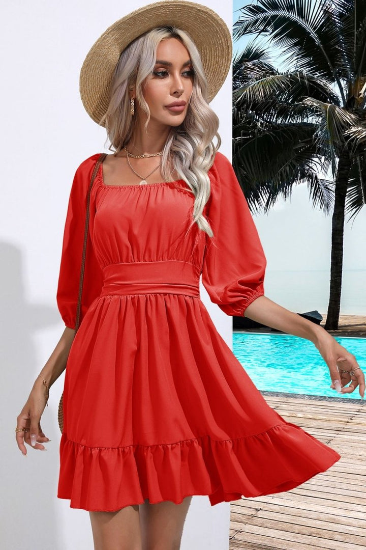 Square Neck Tie Back Ruffle Hem Dress - Red - S - d708c88ecb0c4283b081b4bcf2954698 - Max - Tatoo Tee