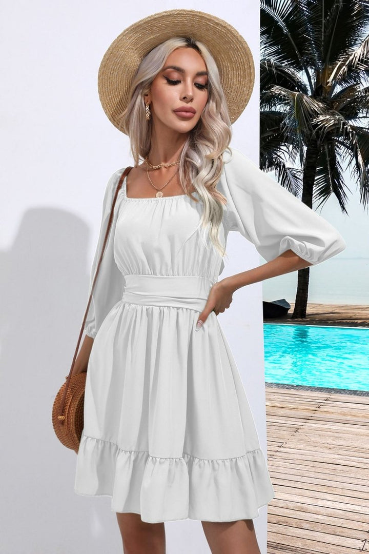 Square Neck Tie Back Ruffle Hem Dress - White - S - 4d706ef906674c64a713ec60ba58142e - Max - Tatoo Tee