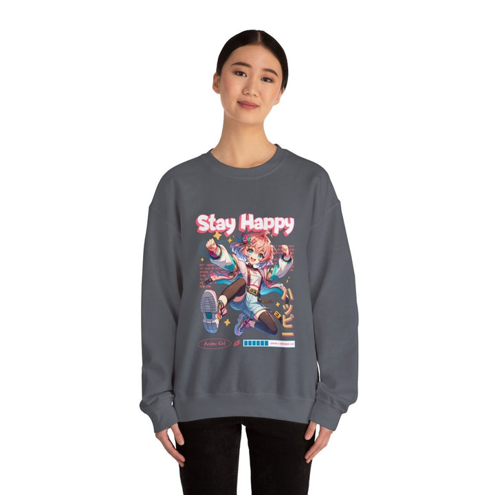 Stay Happy Anime Girl Crewneck Sweatshirt - S - Antique Cherry Red - Stay Happy Anime Girl Crewneck Sweatshirt - Tatoo Tee