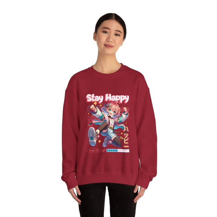 Stay Happy Anime Girl Crewneck Sweatshirt - S - Antique Cherry Red - Stay Happy Anime Girl Crewneck Sweatshirt - Tatoo Tee