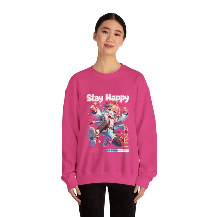 Stay Happy Anime Girl Crewneck Sweatshirt - S - Antique Cherry Red - Stay Happy Anime Girl Crewneck Sweatshirt - Tatoo Tee