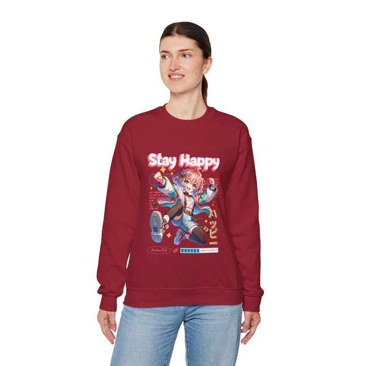 Stay Happy Anime Girl Crewneck Sweatshirt - S - Antique Cherry Red - Stay Happy Anime Girl Crewneck Sweatshirt - Tatoo Tee