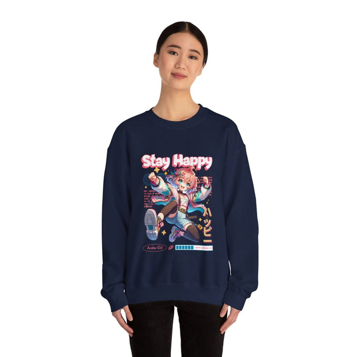 Stay Happy Anime Girl Crewneck Sweatshirt - S - Antique Cherry Red - Stay Happy Anime Girl Crewneck Sweatshirt - Tatoo Tee
