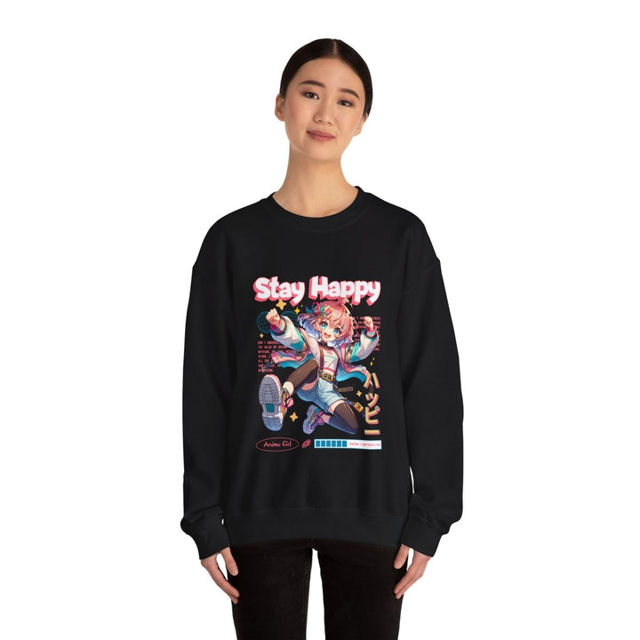 Stay Happy Anime Girl Crewneck Sweatshirt - S - Antique Cherry Red - Stay Happy Anime Girl Crewneck Sweatshirt - Tatoo Tee