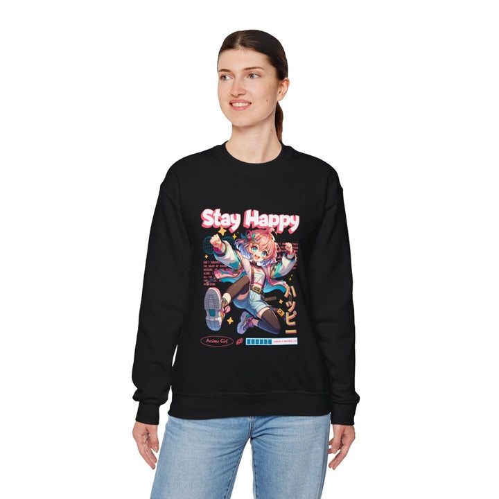 Stay Happy Anime Girl Crewneck Sweatshirt - S - Black - Stay Happy Anime Girl Crewneck Sweatshirt - Tatoo Tee