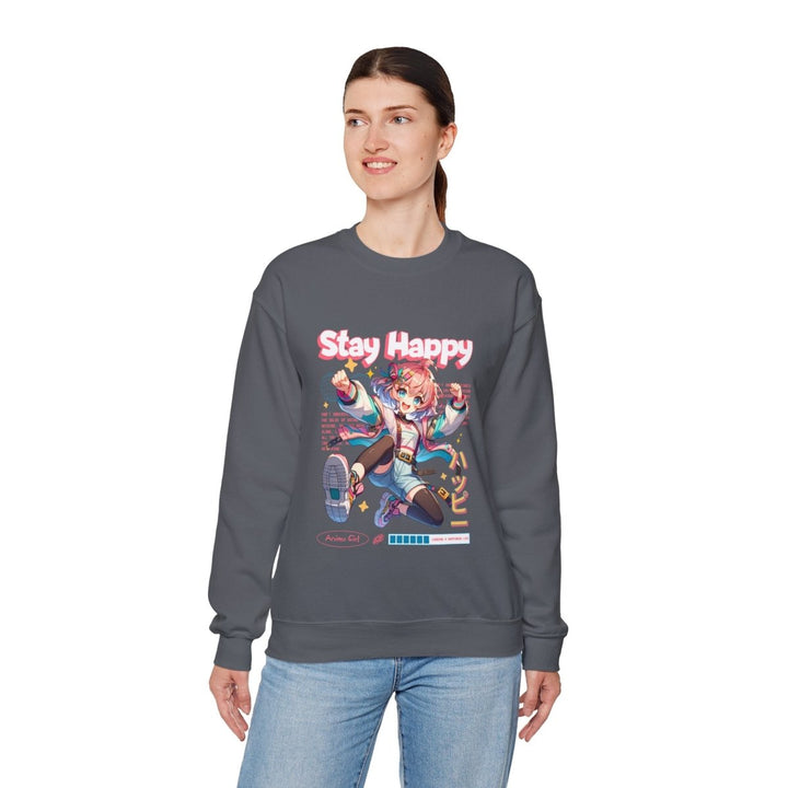 Stay Happy Anime Girl Crewneck Sweatshirt - S - Charcoal - Stay Happy Anime Girl Crewneck Sweatshirt - Tatoo Tee