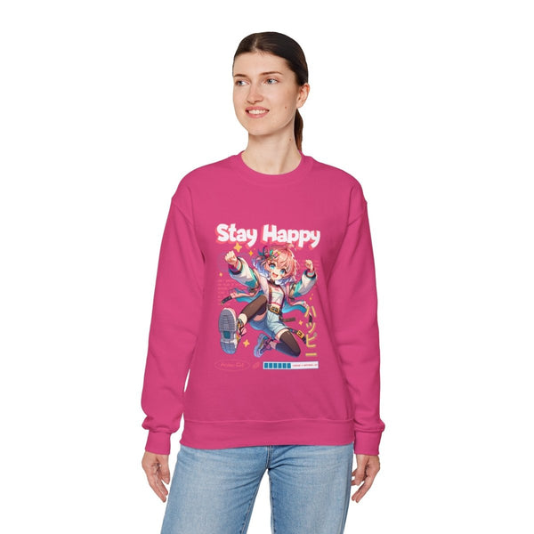 Stay Happy Anime Girl Crewneck Sweatshirt - S - Heliconia - Stay Happy Anime Girl Crewneck Sweatshirt - Tatoo Tee