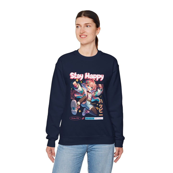 Stay Happy Anime Girl Crewneck Sweatshirt - S - Navy - Stay Happy Anime Girl Crewneck Sweatshirt - Tatoo Tee