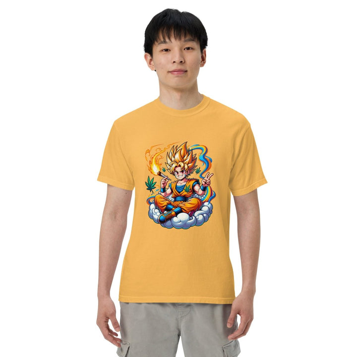 Stoned Goku Unisex garment - dyed heavyweight t-shirt - Mustard - S - Product mockup - Tatoo Tee