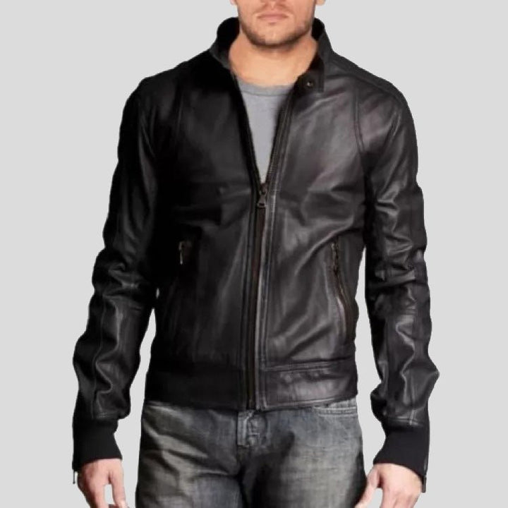Stylish Mens Leather Bomber Jacket with Stand Collar - S - Stylish Mens Leather Bomber Jacket with Stand Collar - Tatoo Tee
