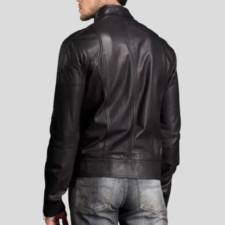 Stylish Mens Leather Bomber Jacket with Stand Collar - S - Stylish Mens Leather Bomber Jacket with Stand Collar - Tatoo Tee