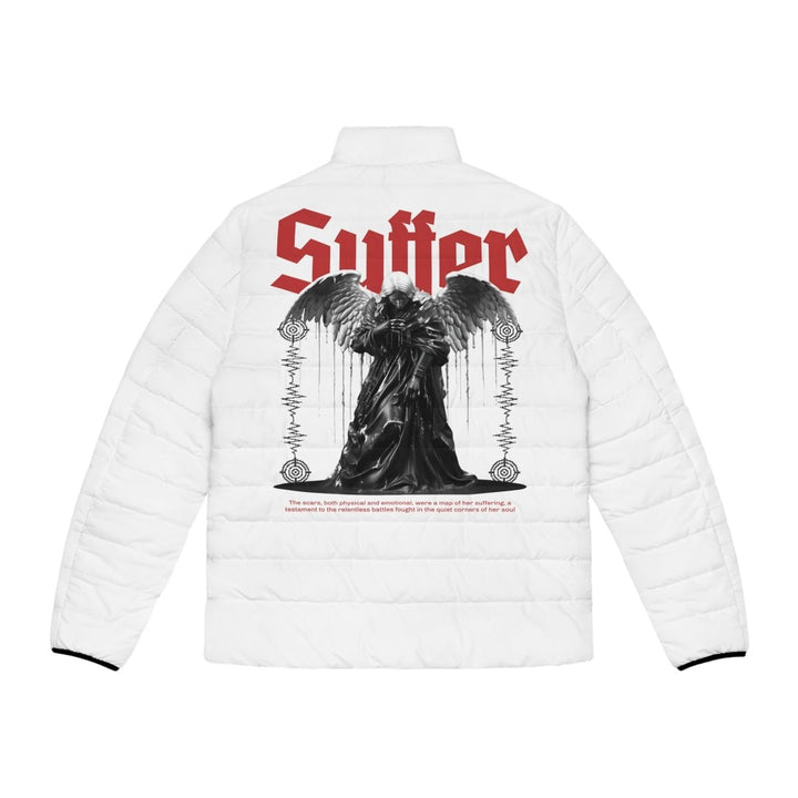 Stylish Men's Puffer Jacket with 'Suffer' Graphic Design - S - Black zipper - Stylish Men's Puffer Jacket with 'Suffer' Graphic Design - Tatoo Tee