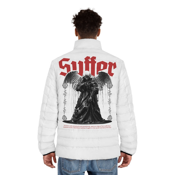 Stylish Men's Puffer Jacket with 'Suffer' Graphic Design - S - Black zipper - Stylish Men's Puffer Jacket with 'Suffer' Graphic Design - Tatoo Tee