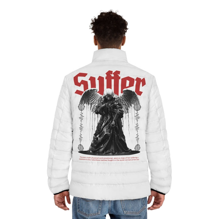 Stylish Men's Puffer Jacket with 'Suffer' Graphic Design - S - Black zipper - Stylish Men's Puffer Jacket with 'Suffer' Graphic Design - Tatoo Tee