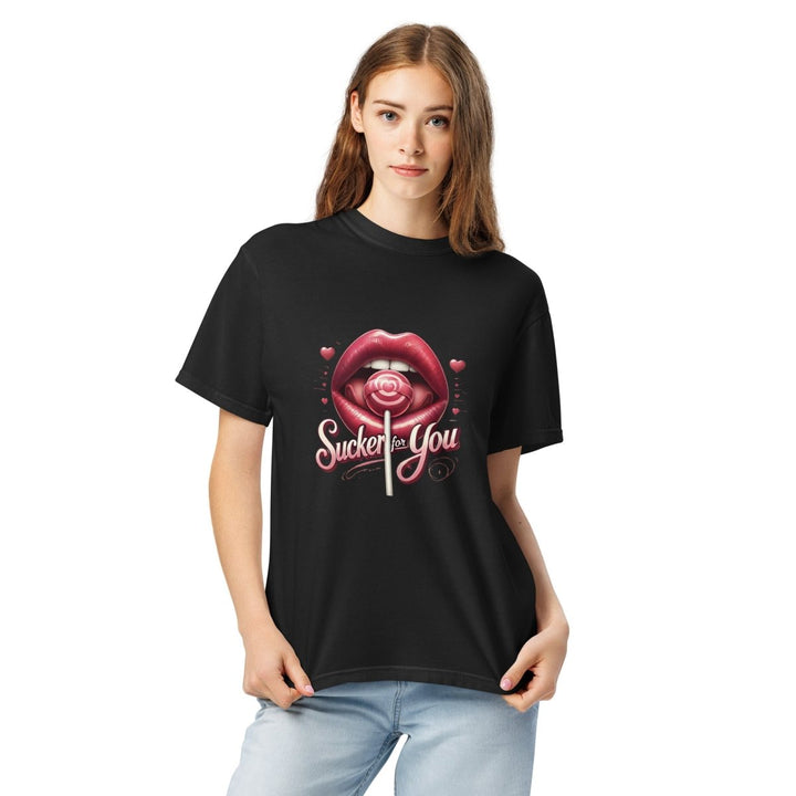 Sucker For You Valentines Day Lips Unisex garment - dyed heavyweight t-shirt - Black - S - Product mockup - Tatoo Tee