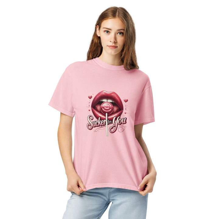 Sucker For You Valentines Day Lips Unisex garment - dyed heavyweight t-shirt - Blossom - S - Product mockup - Tatoo Tee