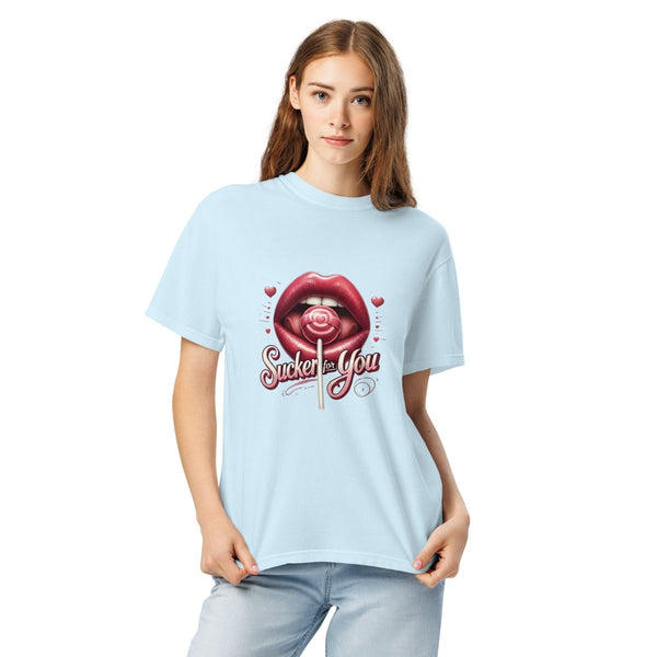 Sucker For You Valentines Day Lips Unisex garment - dyed heavyweight t-shirt - Chambray - S - Product mockup - Tatoo Tee