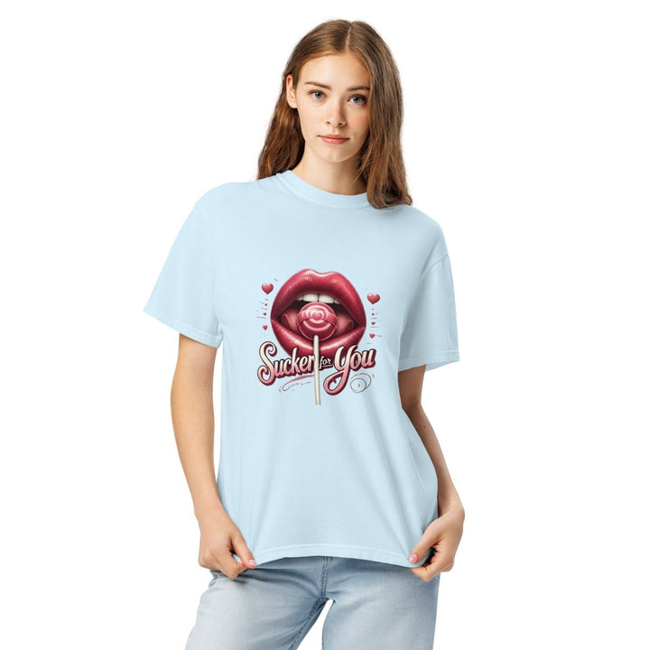 Sucker For You Valentines Day Lips Unisex garment - dyed heavyweight t-shirt - Chambray - S - Product mockup - Tatoo Tee