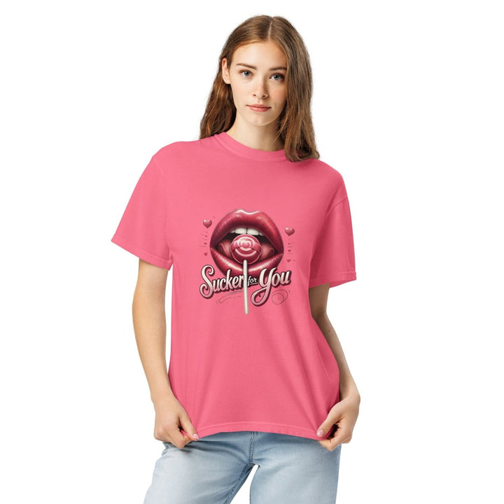 Sucker For You Valentines Day Lips Unisex garment - dyed heavyweight t-shirt - Crunchberry - S - Product mockup - Tatoo Tee