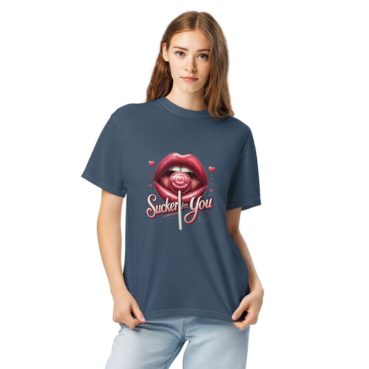 Sucker For You Valentines Day Lips Unisex garment - dyed heavyweight t-shirt - Midnight - S - Product mockup - Tatoo Tee