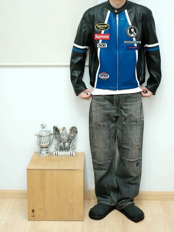 Supreme Blue Leather Vintage Racing Jacket - XS - Supreme Blue Leather Vintage Racing Jacket - Tatoo Tee