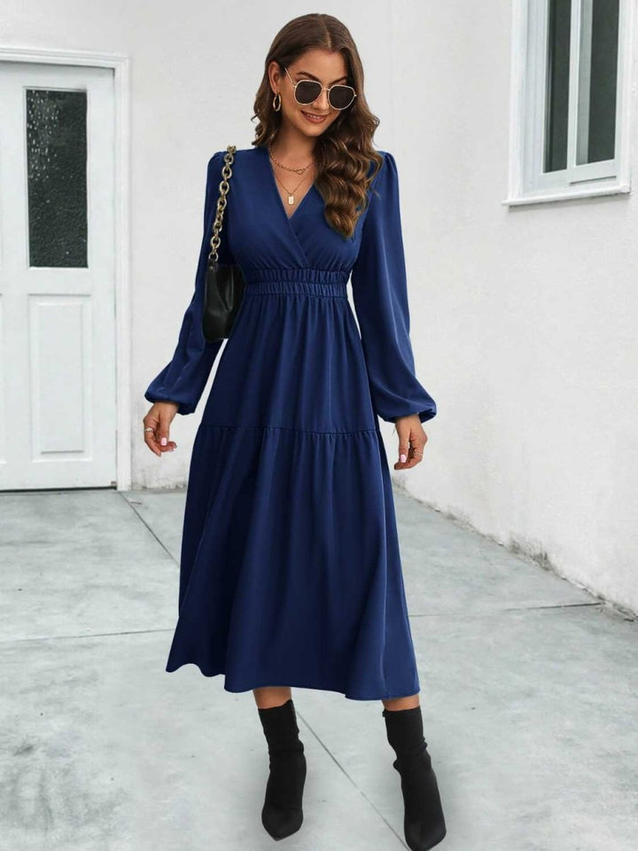 Surplice Neck Long Sleeve Midi Dress - Dark Blue - S - b5f420599fbf46678057575a3d69eebc - Max - Tatoo Tee