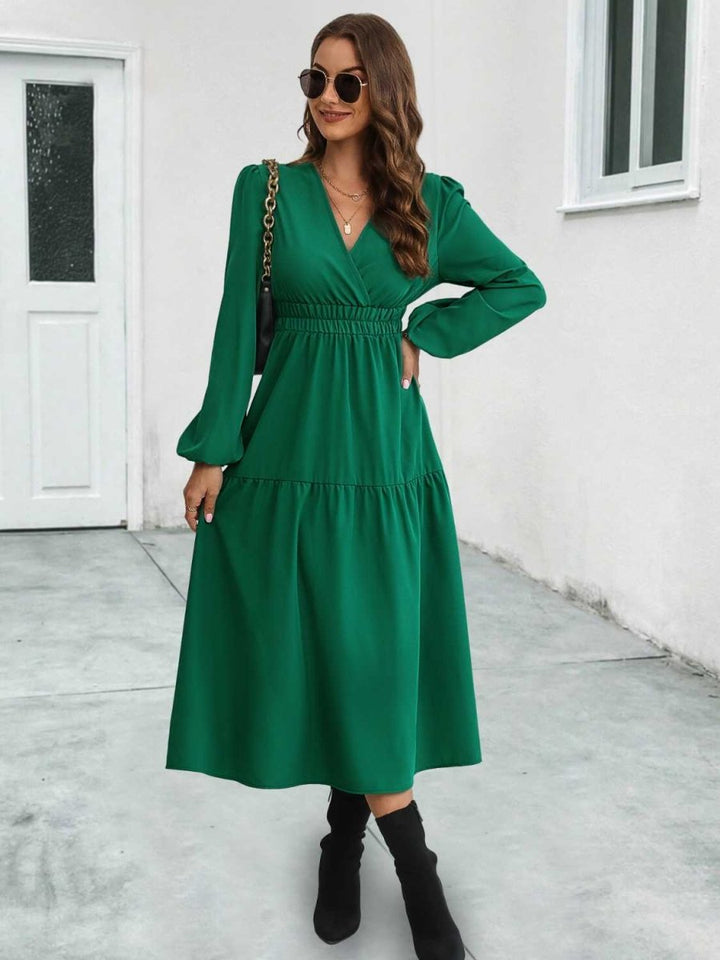 Surplice Neck Long Sleeve Midi Dress - Dark Green - S - a3e1a28025454766b0965a03e7c70163 - Max - Tatoo Tee