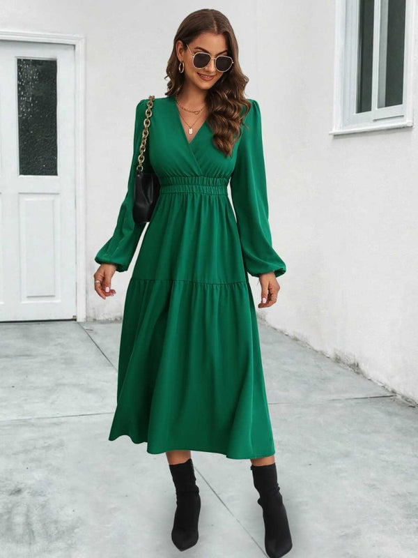 Surplice Neck Long Sleeve Midi Dress - Dark Green - S - 56789fbf2432485bbf6f2496f10dd191 - Max - Tatoo Tee