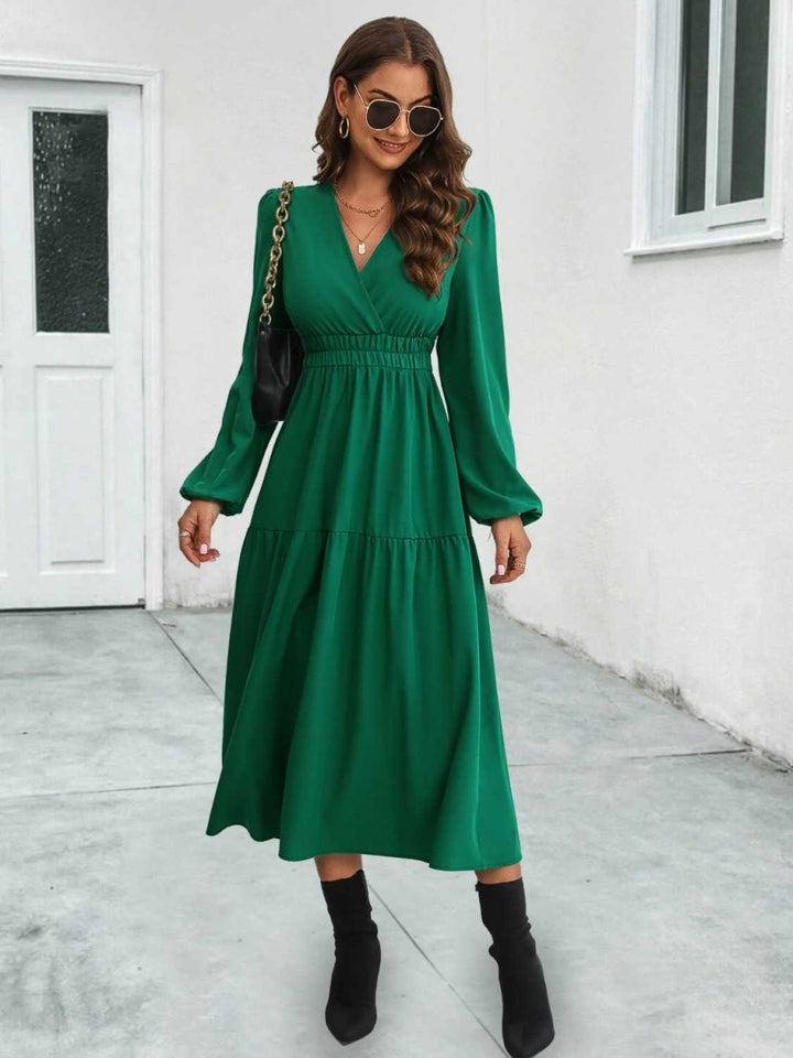 Surplice Neck Long Sleeve Midi Dress - Dark Green - S - 56789fbf2432485bbf6f2496f10dd191 - Max - Tatoo Tee