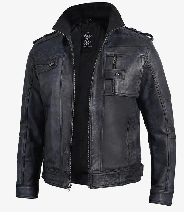 Tavares Mens Waxed Black Leather Biker Jacket