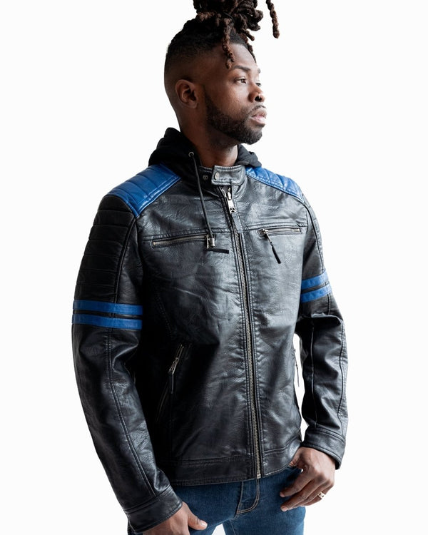 TOP GUN VEGAN LEATHER HOODED RACER JACKET - Blue - XS - TOP GUN VEGAN LEATHER HOODED RACER JACKET - Tatoo Tee