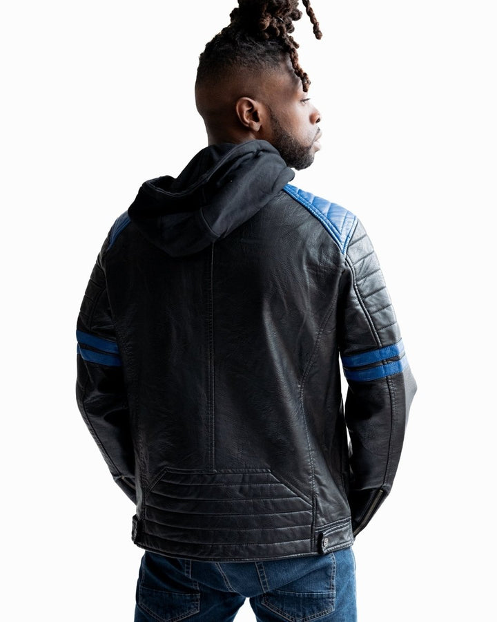 TOP GUN VEGAN LEATHER HOODED RACER JACKET - Blue - XS - TOP GUN VEGAN LEATHER HOODED RACER JACKET - Tatoo Tee