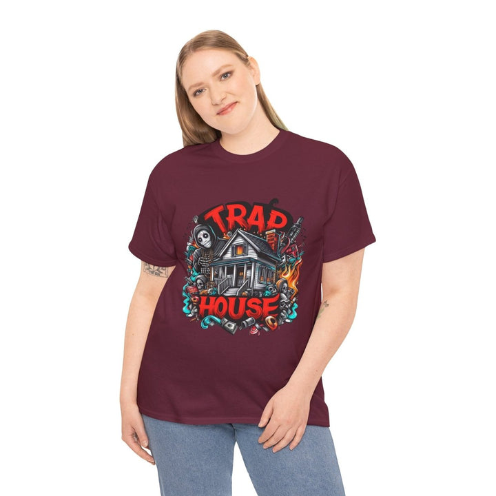 Trap House Unisex Heavy Cotton Tee - Maroon - S - Trap House Unisex Heavy Cotton Tee - Tatoo Tee