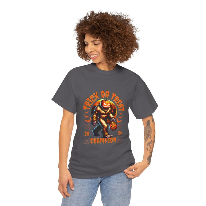 Trick or Treat Champion Unisex Heavy Cotton Tee - Perfect for Halloween Celebrations - Charcoal - S - Trick or Treat Champion Unisex Heavy Cotton Tee - Perfect for Halloween Celebrations - Tatoo Tee