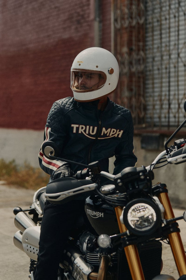 Triumph Braddan Gold Retro Air Race Black Leather Jacket - XS - Triumph Braddan Gold Retro Air Race Black Leather Jacket - Tatoo Tee