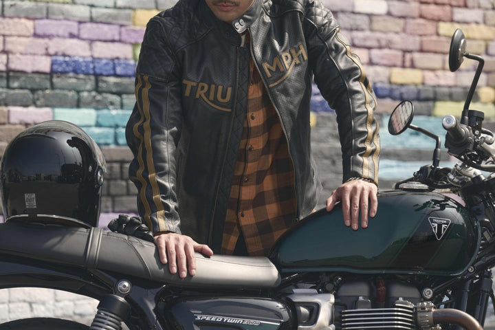 Triumph Braddan Gold Retro Air Race Black Leather Jacket - XS - Triumph Braddan Gold Retro Air Race Black Leather Jacket - Tatoo Tee
