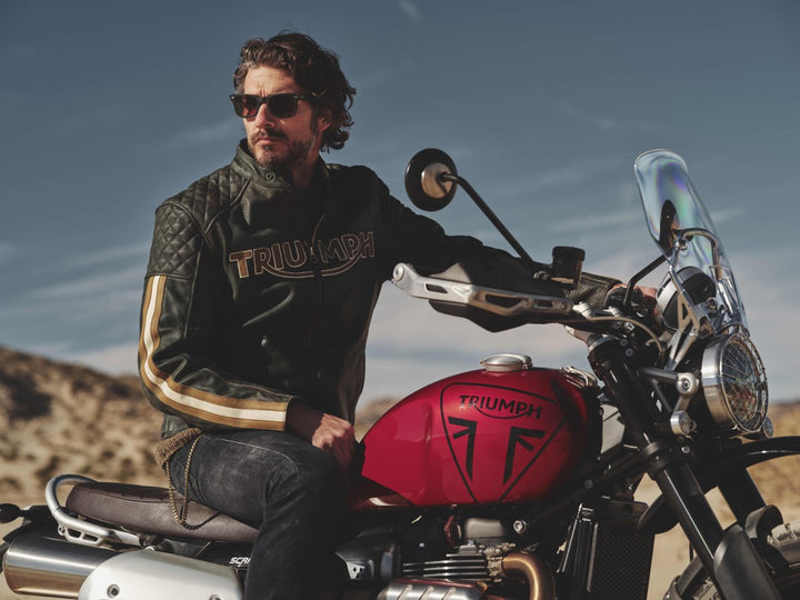 Triumph Braddan Gold Retro Air Race Black Leather Jacket - XS - Triumph Braddan Gold Retro Air Race Black Leather Jacket - Tatoo Tee