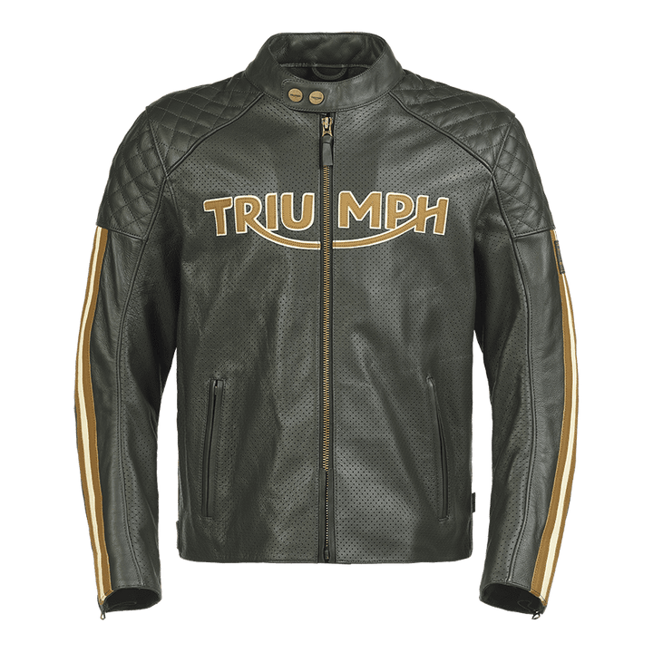 Triumph Braddan Gold Retro Air Race Black Leather Jacket - XS - Triumph Braddan Gold Retro Air Race Black Leather Jacket - Tatoo Tee