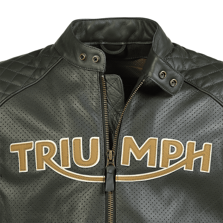 Triumph Braddan Gold Retro Air Race Black Leather Jacket - XS - Triumph Braddan Gold Retro Air Race Black Leather Jacket - Tatoo Tee