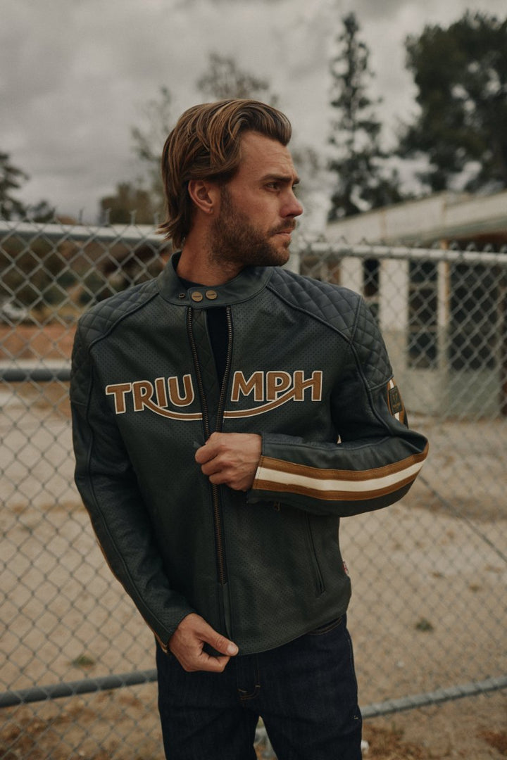Triumph Braddan Gold Retro Air Race Black Leather Jacket - XS - Triumph Braddan Gold Retro Air Race Black Leather Jacket - Tatoo Tee