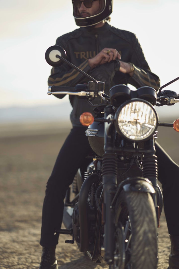 Triumph Braddan Gold Retro Air Race Black Leather Jacket - XS - Triumph Braddan Gold Retro Air Race Black Leather Jacket - Tatoo Tee