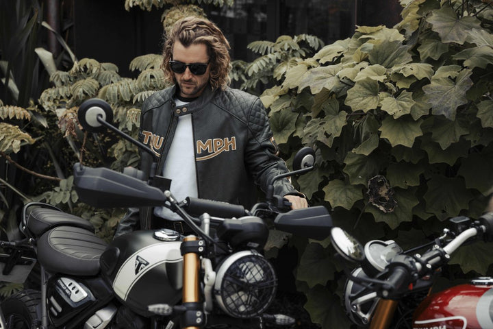 Triumph Braddan Gold Retro Air Race Black Leather Jacket - XS - Triumph Braddan Gold Retro Air Race Black Leather Jacket - Tatoo Tee