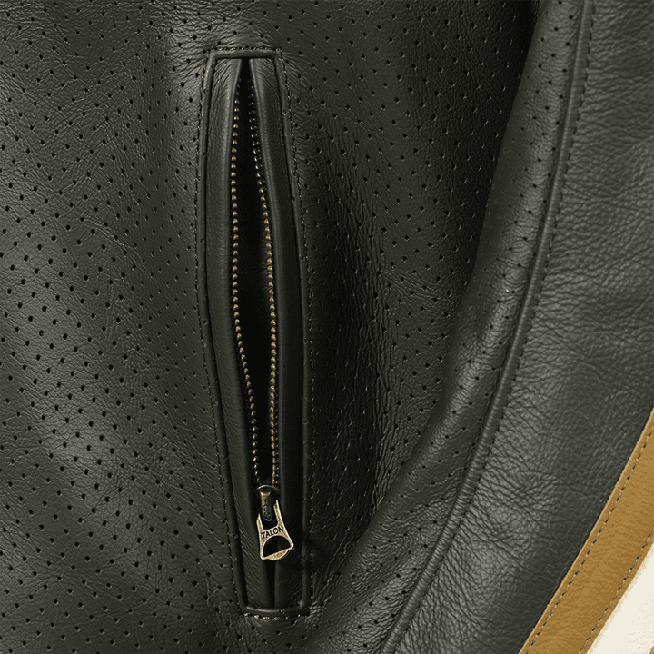 Triumph Braddan Gold Retro Air Race Black Leather Jacket - XS - Triumph Braddan Gold Retro Air Race Black Leather Jacket - Tatoo Tee