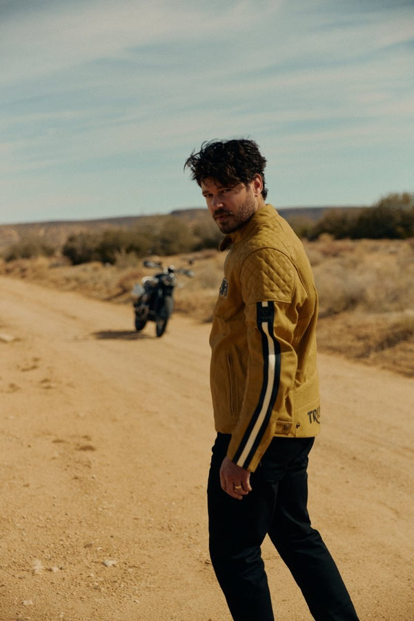 Triumph Braddan Gold Retro Air Race Leather Jacket - XS - Triumph Braddan Gold Retro Air Race Leather Jacket - Tatoo Tee