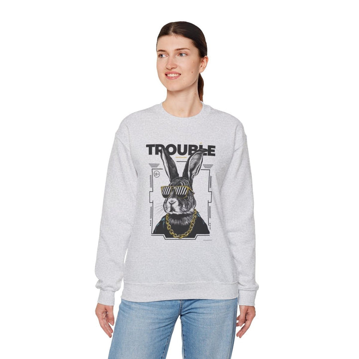Trouble Maker Rabbit Crewneck Sweatshirt - Trendy Unisex Pullover - S - Ash - Trouble Maker Rabbit Crewneck Sweatshirt - Trendy Unisex Pullover - Tatoo Tee