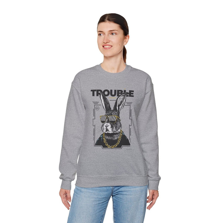 Trouble Maker Rabbit Crewneck Sweatshirt - Trendy Unisex Pullover - S - Sport Grey - Trouble Maker Rabbit Crewneck Sweatshirt - Trendy Unisex Pullover - Tatoo Tee