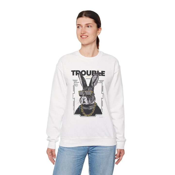 Trouble Maker Rabbit Crewneck Sweatshirt - Trendy Unisex Pullover - S - White - Trouble Maker Rabbit Crewneck Sweatshirt - Trendy Unisex Pullover - Tatoo Tee