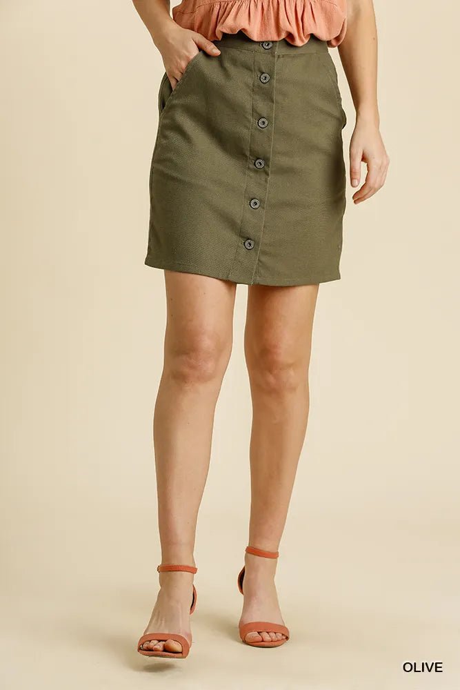 Umgee Linen Blend Button Down Skirt with Pockets - Olive - S - 1c376990 - ec78 - 4659 - 9a58 - 5b2ae481071f - Max - Origin - Tatoo Tee